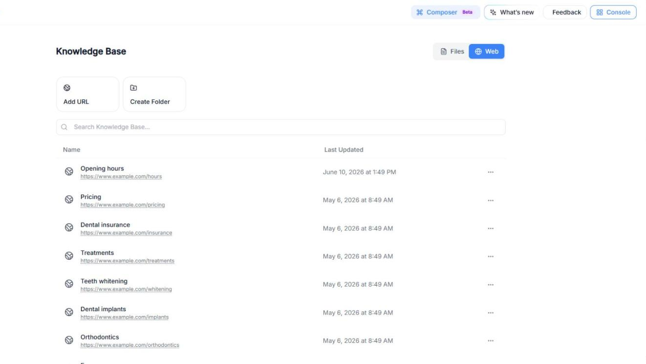 The Knowledge Base page with the Web tab selected, showing the Add URL and Create Folder buttons, the search bar and the list of URLs with their Last Updated date and an actions menu.