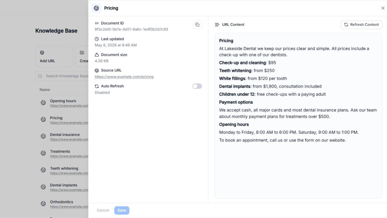 The details panel of a URL with Document ID, Last updated, Document size, Source URL and Auto Refresh on the left, and the URL Content with the Refresh Content button on the right.