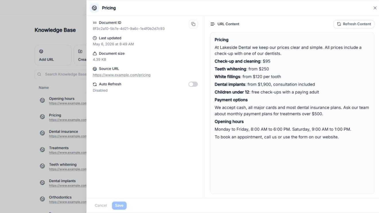 The details panel of a URL with Document ID, Last updated, Document size, Source URL and Auto Refresh on the left, and the URL Content with the Refresh Content button on the right.