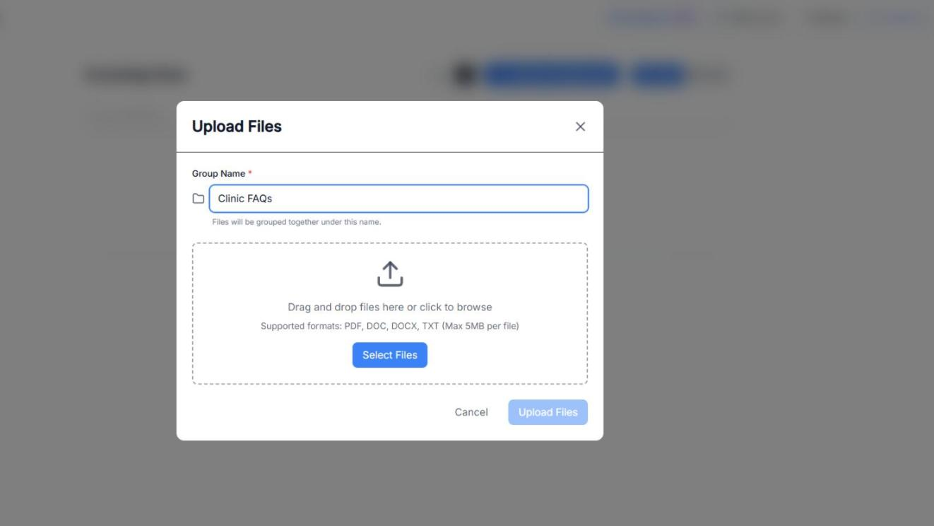The Upload Files window with the Group Name field, the drag-and-drop area with the Select Files button, the supported formats (PDF, DOC, DOCX, TXT, max 5MB per file) and the Upload Files button.