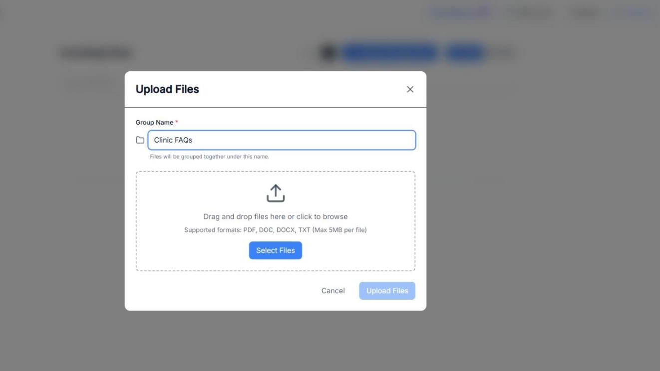 The Upload Files window with the Group Name field, the drag-and-drop area with the Select Files button, the supported formats (PDF, DOC, DOCX, TXT, max 5MB per file) and the Upload Files button.