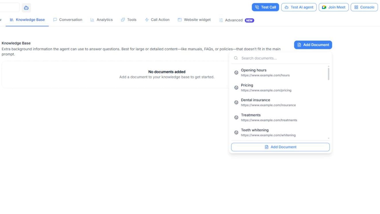 The agent's Knowledge Base tab with the Add Document list open: a search box, the documents from the Knowledge Base and an Add Document button at the bottom.