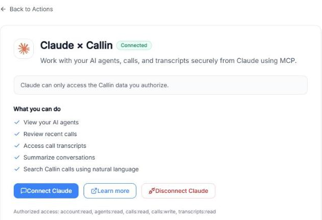 Pagina Claude × Callin con lo stato Connesso, l’elenco di cosa puoi fare, i pulsanti Collega Claude, Scopri di più e Scollega Claude, e l’accesso autorizzato