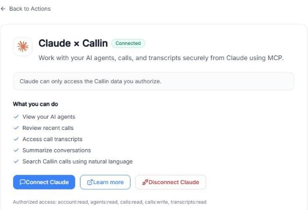 Pagina Claude × Callin con lo stato Connesso, l’elenco di cosa puoi fare, i pulsanti Collega Claude, Scopri di più e Scollega Claude, e l’accesso autorizzato