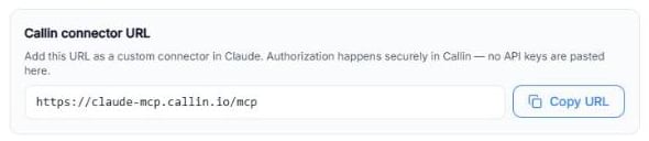 Blocco URL del connettore con https://claude-mcp.callin.io/mcp e il pulsante Copia URL