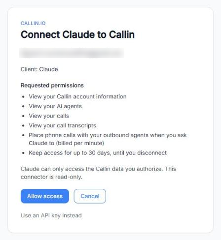 Schermata Collega Claude a Callin con il client Claude, i permessi richiesti (informazioni dell’account, agenti IA, chiamate, trascrizioni, telefonate con i tuoi agenti in uscita e accesso fino a 30 giorni) e i pulsanti per consentire e annullare