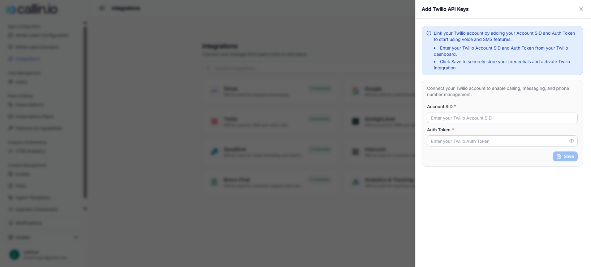 Add Twilio API Keys panel with fields for Account SID and Auth Token and a Save button.