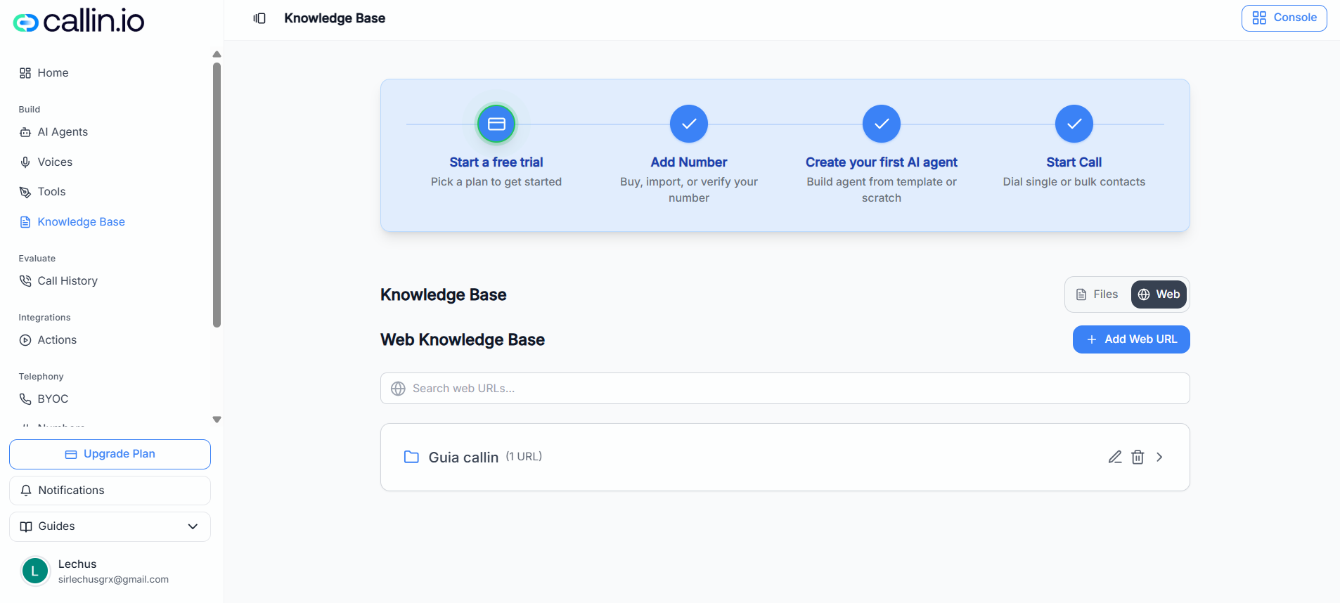 Knowledge Base page with the Web tab selected, showing an empty state and an Add Web URL button