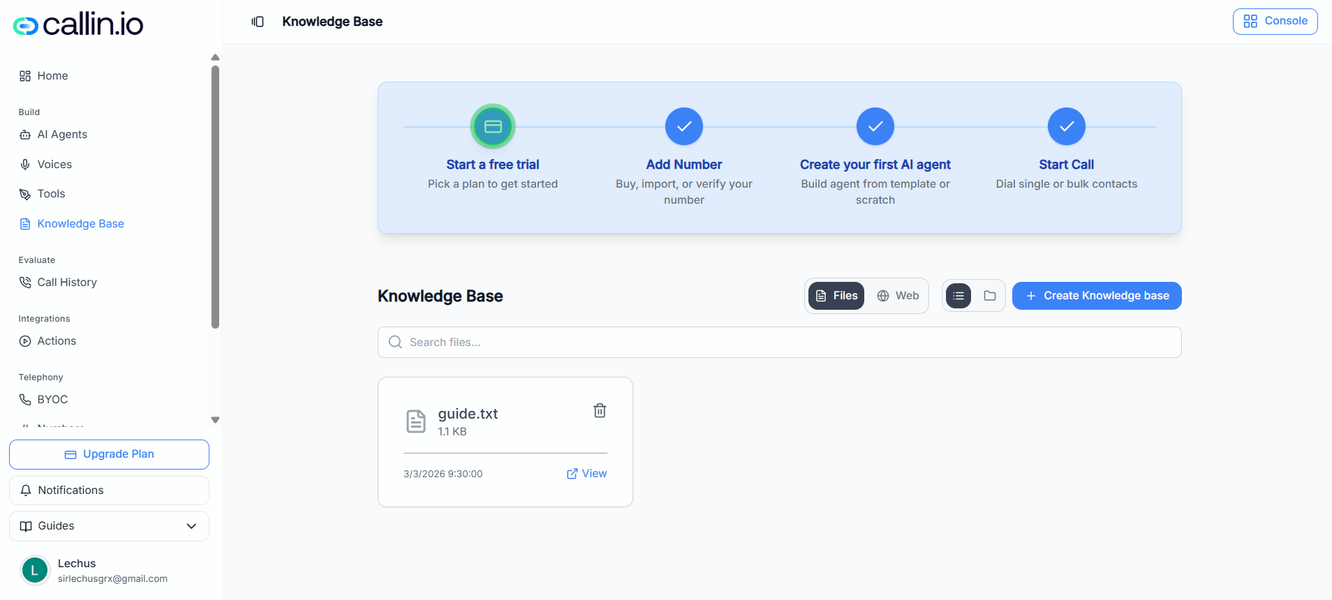 Knowledge Base page with the Files tab selected and an empty state showing no files found