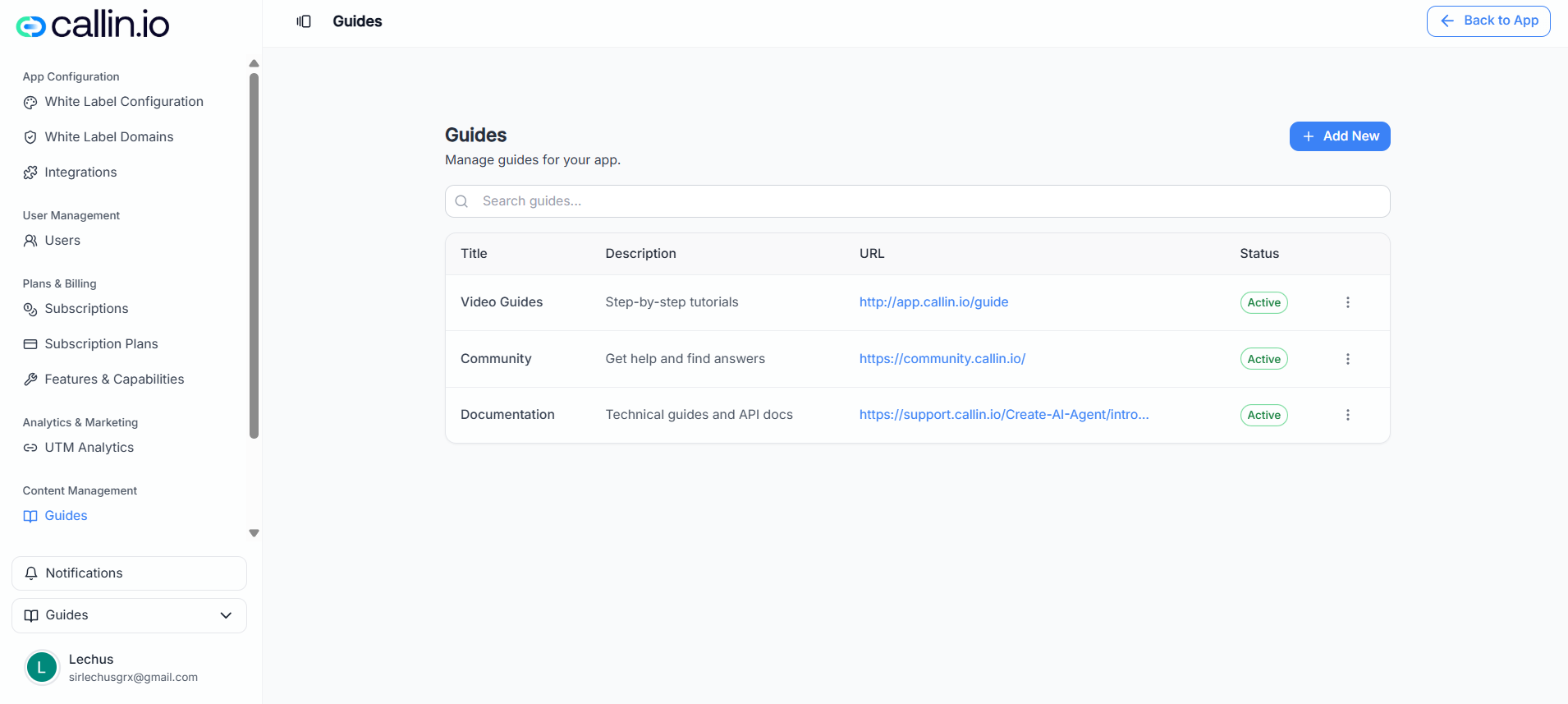 Page Guides avec une liste de liens comprenant un titre, une description, une URL, un statut, et un bouton pour ajouter un nouveau guide.