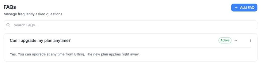 FAQs page with the search bar, the Add FAQ button and one question opened to show its answer, with the Active badge and the row menu