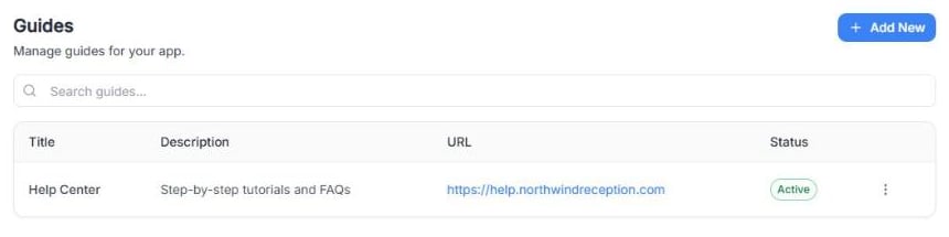 Guides page with the search bar, the Add New button and one guide in the list with its Title, Description, URL and Active status
