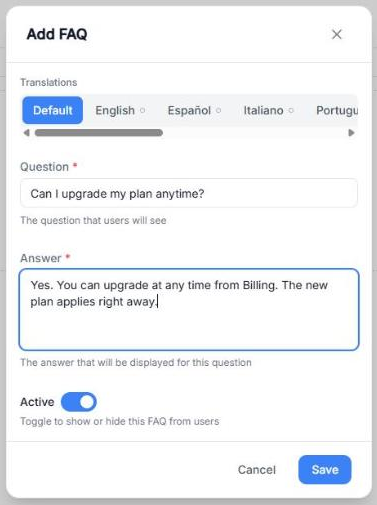 Add FAQ window with the Translations tabs, the Question and Answer fields filled in, the Active toggle on and the Cancel and Save buttons
