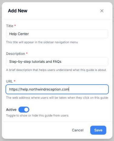 Add New window with the Title, Description and URL fields filled in, the Active toggle on and the Cancel and Save buttons