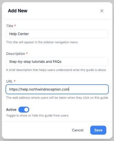 Add New window with the Title, Description and URL fields filled in, the Active toggle on and the Cancel and Save buttons