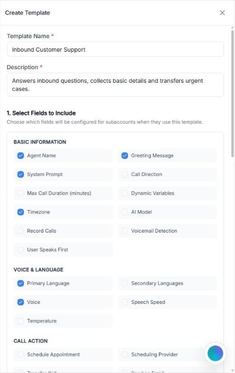 Create Template panel with the Template Name and Description filled in and six fields checked under Select Fields to Include
