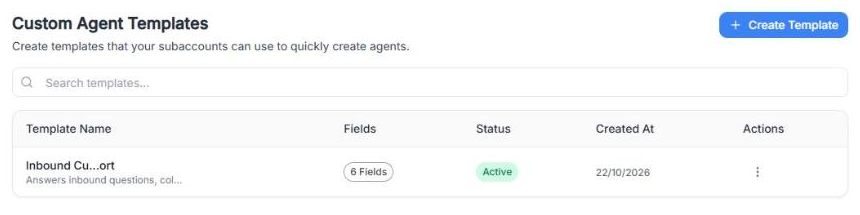 Custom Agent Templates page with the Create Template button, the search bar and one template in the list with 6 Fields, the Active status, its creation date and the Actions menu
