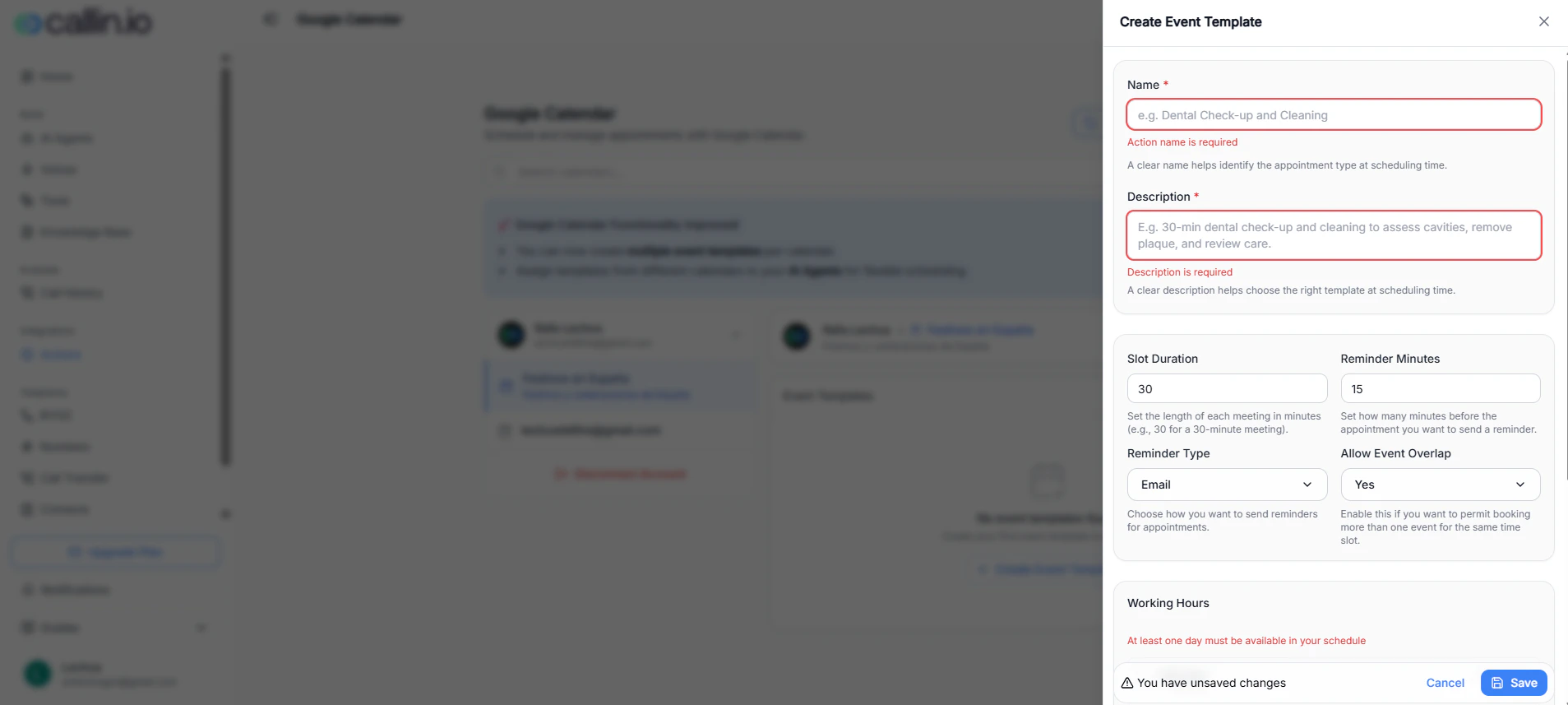 Create Event Template panel with fields for Name, Description, Slot Duration, Reminder Minutes, Reminder Type, Allow Event Overlap, Conflict Handling, and Working Hours with weekday checkboxes