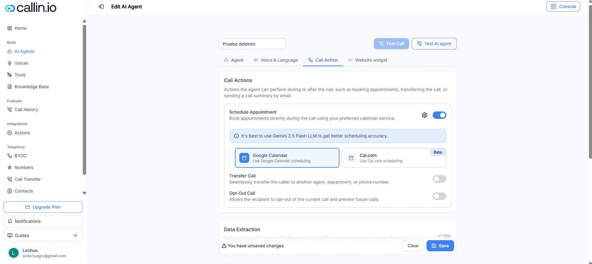 Edit AI Agent screen on the Call Action tab showing Schedule Appointment enabled and Google Calendar selected for scheduling
