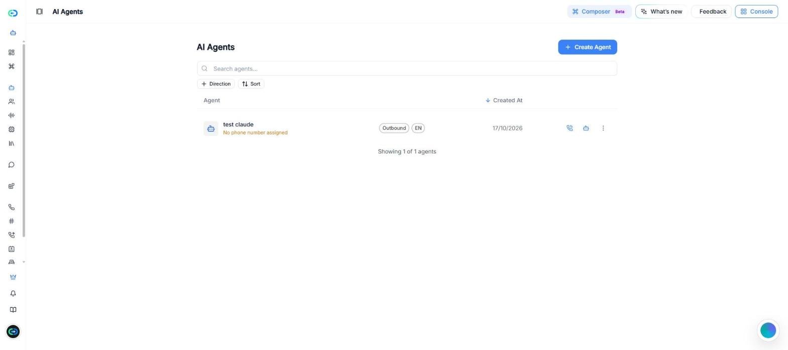 La pagina Agenti AI di Callin.io con il pulsante Crea agente, la barra di ricerca, i filtri Direzione e Ordina e l'elenco degli agenti.