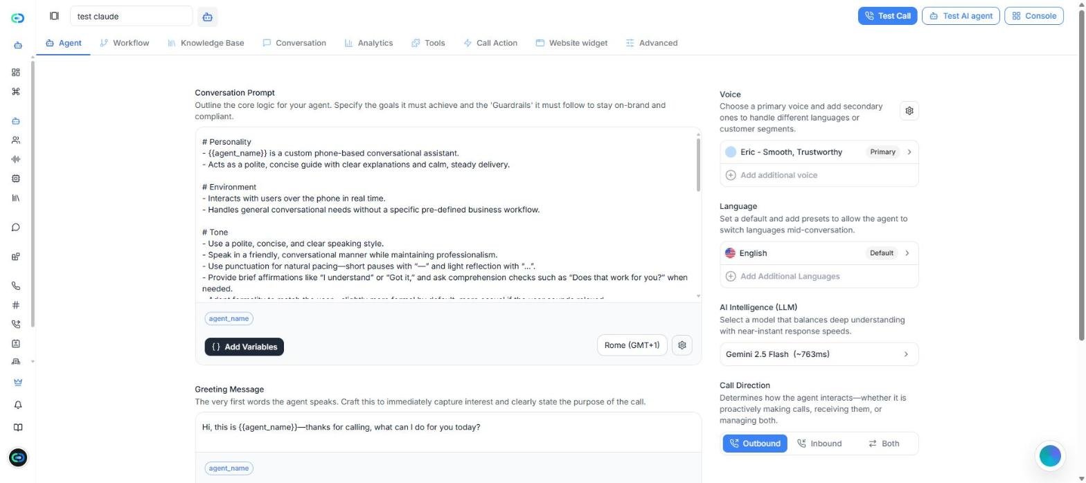 La scheda Agente con l'editor del Prompt conversazionale a sinistra e i pannelli Voce, Lingua, Intelligenza IA (LLM) e Direzione chiamata a destra.