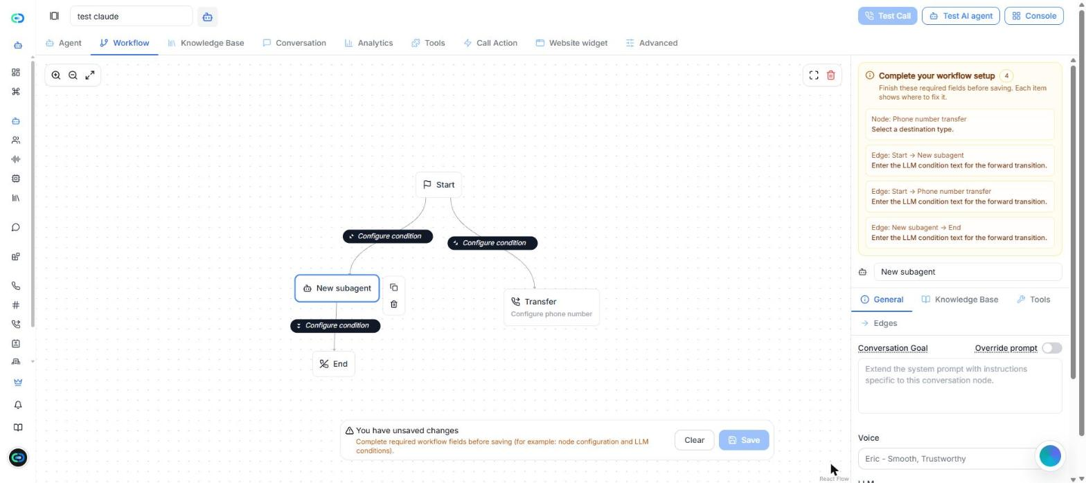 Der Tab Workflow mit einem Start-Knoten, der mit einem Subagent und einem Knoten zur Weiterleitung an eine Telefonnummer verbunden ist, einem Ende-Knoten, dem Bereich Workflow-Einrichtung abschließen und den Subagent-Einstellungen rechts.
