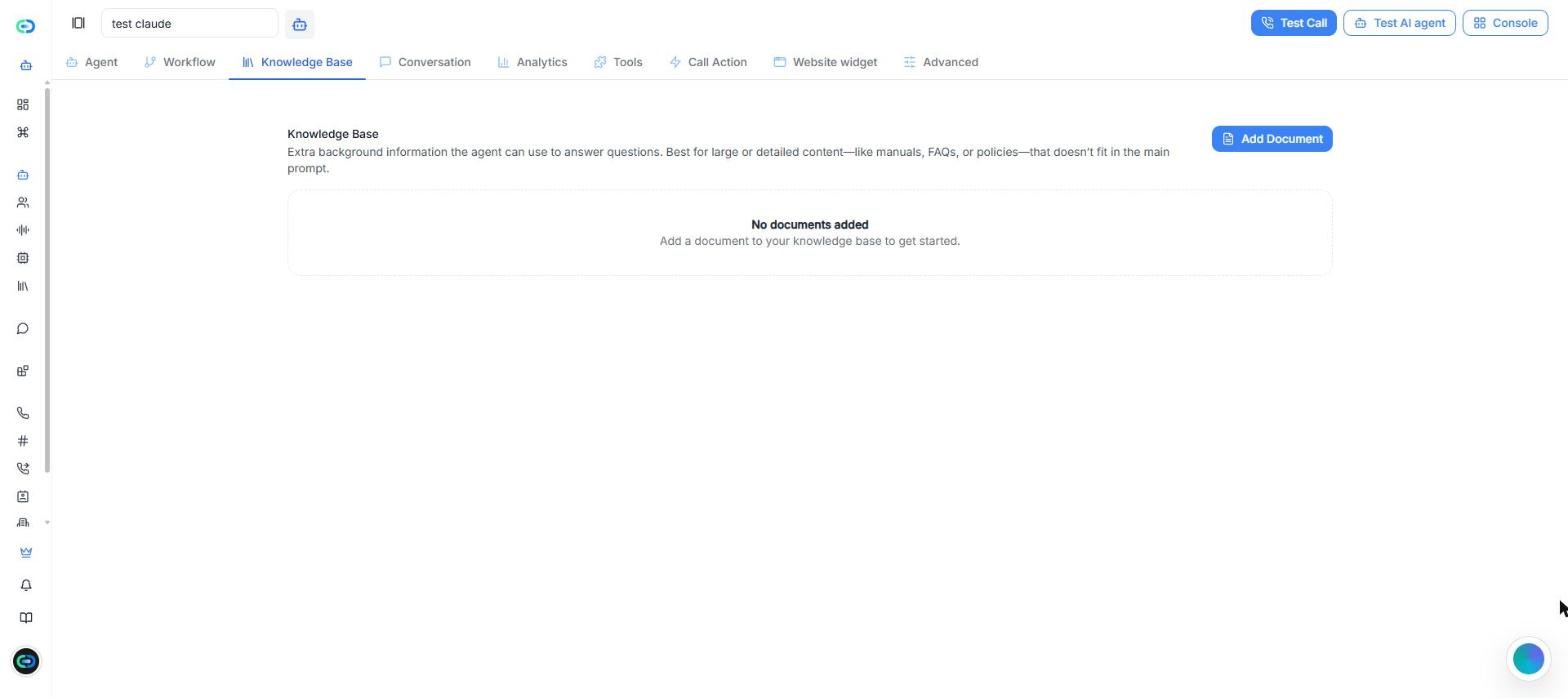 La scheda Base di conoscenza di un agente con il pulsante per aggiungere documenti e l'elenco dei documenti che l'agente può usare.