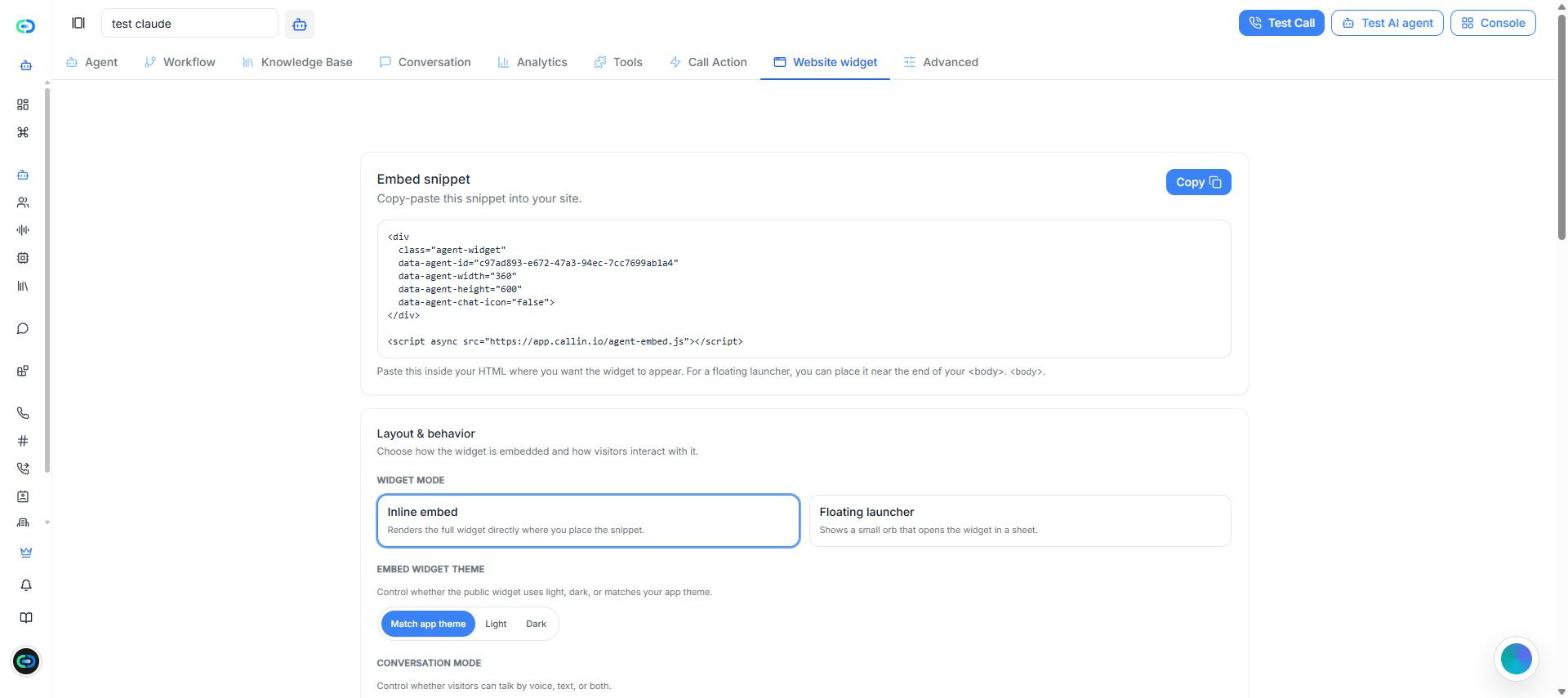 Der Tab Website-Widget mit dem Einbettungscode, der Schaltfläche Kopieren und den Optionen unter Layout & Verhalten: Widget-Modus, Theme und Konversationsmodus.