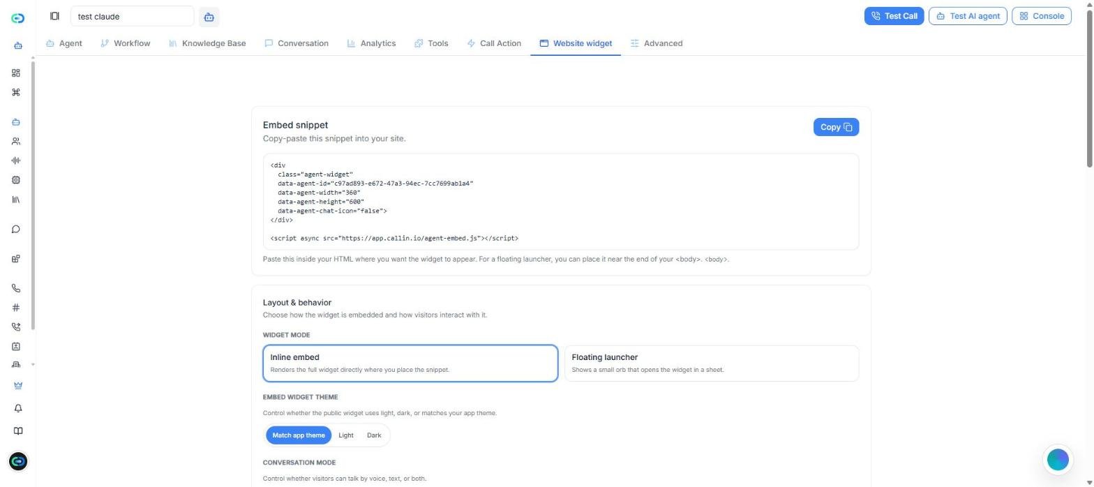 La scheda Widget del sito web con lo snippet di incorporamento, il pulsante Copia e le opzioni di Layout e comportamento: modalità widget, tema e modalità conversazione.