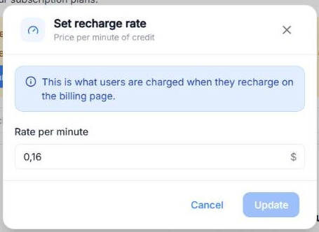 Set recharge rate window with the Rate per minute field and the Cancel and Update buttons
