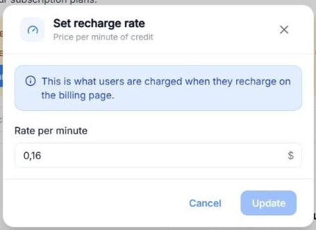 Set recharge rate window with the Rate per minute field and the Cancel and Update buttons