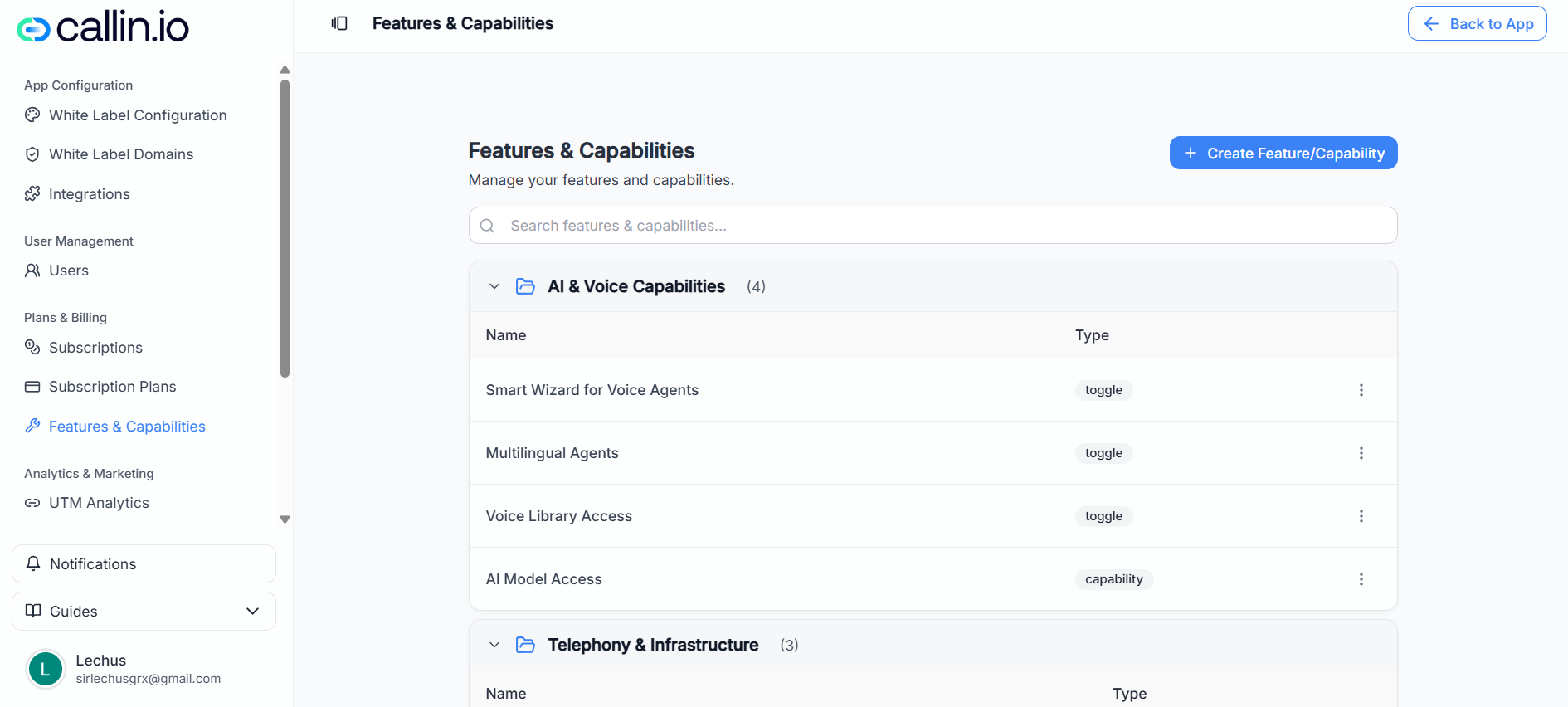 Pagina Funzionalità e capacità con una barra di ricerca e un pulsante per creare una nuova funzionalità o capacità.