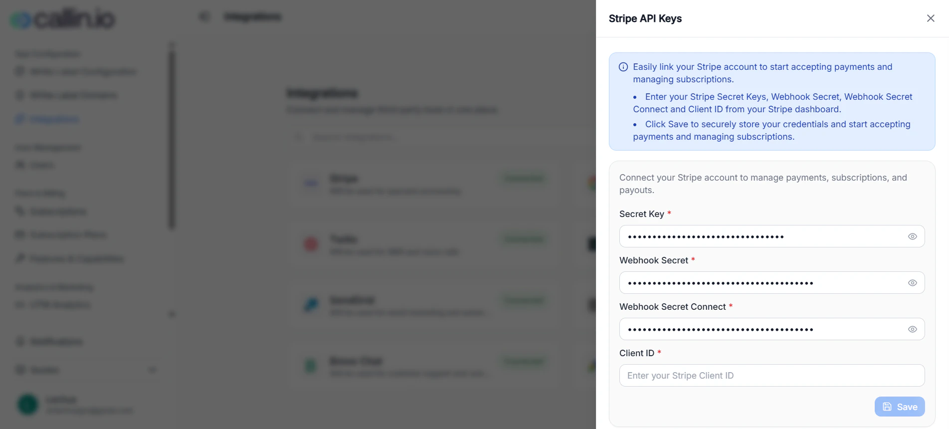 Stripe API Keys panel asking for Secret Key, Webhook Secret, Webhook Secret Connect, and Client ID, with a Save button.