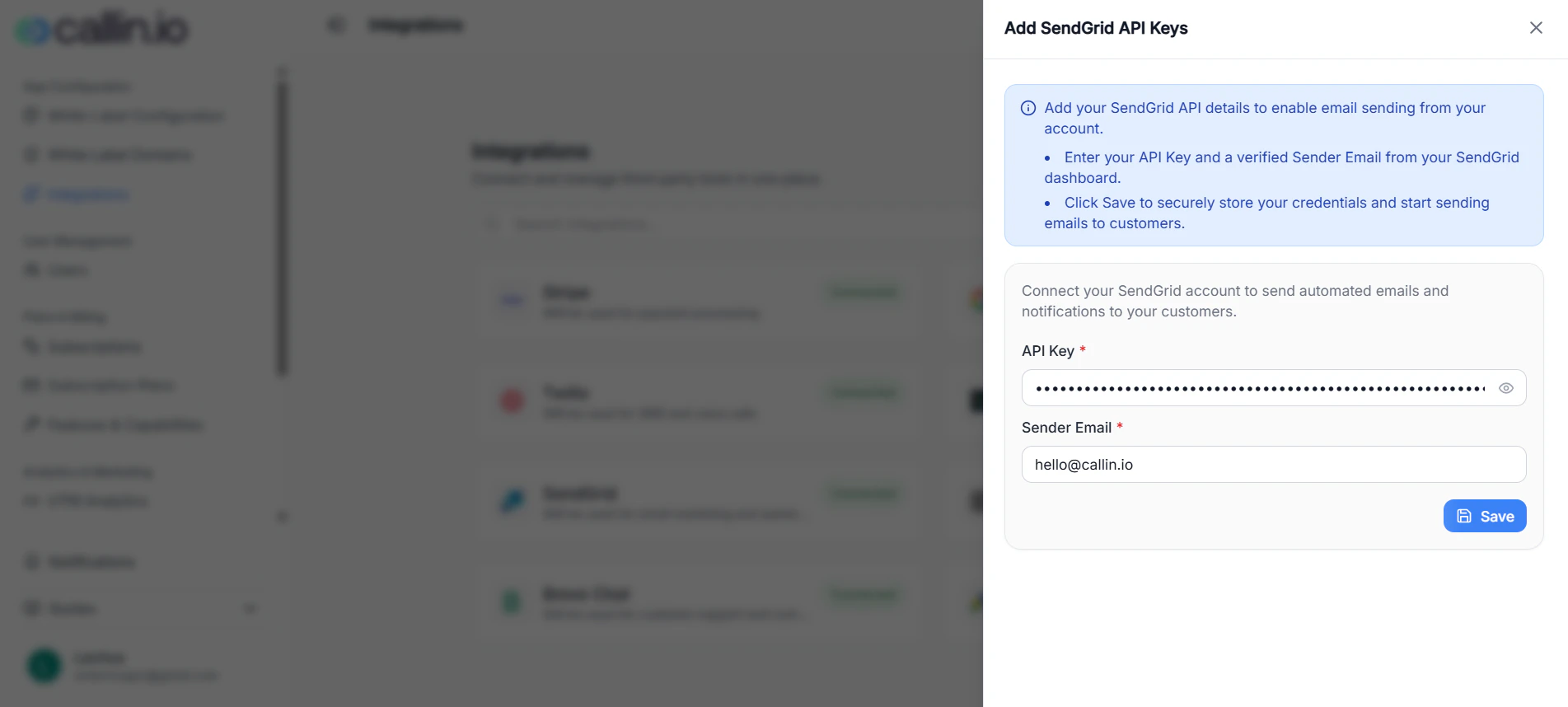 Add SendGrid API Keys panel with fields for API Key and Sender Email and a Save button.
