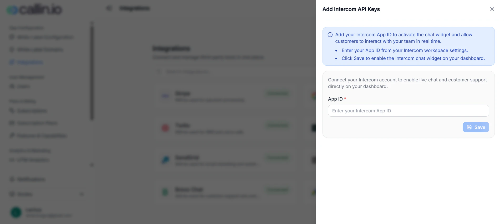 Add Intercom API Keys panel with a field for App ID and a Save button.