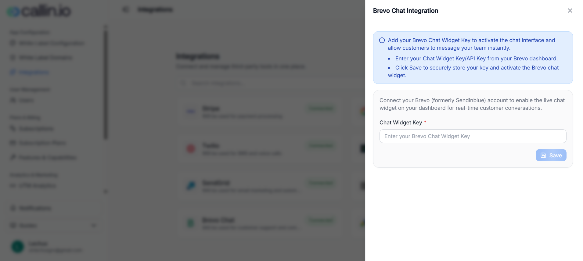 Brevo Chat Integration panel with a required Chat Widget Key field and a Save button.