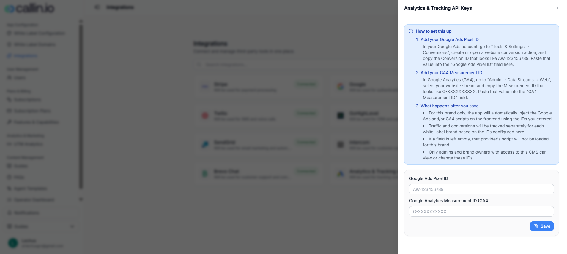 Analytics & Tracking API Keys panel with instructions and fields for Google Ads Pixel ID and Google Analytics Measurement ID (GA4), plus a Save button.
