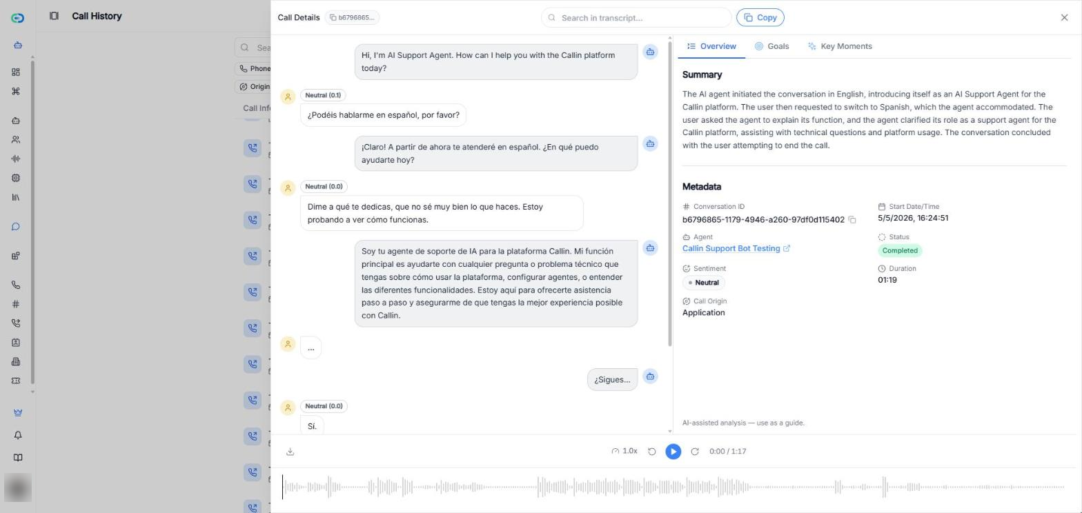 Pannello Dettagli chiamata con la trascrizione a sinistra, la scheda Panoramica con il riepilogo e i metadati a destra, e il lettore della registrazione in basso.