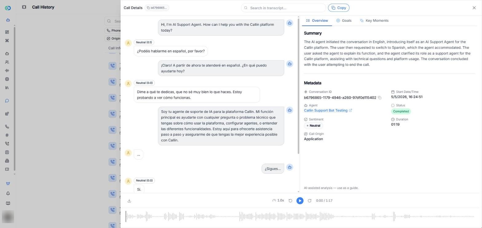Pannello Dettagli chiamata con la trascrizione a sinistra, la scheda Panoramica con il riepilogo e i metadati a destra, e il lettore della registrazione in basso.