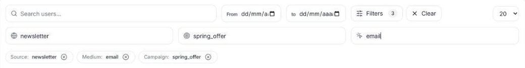 Filters open with the Source, Campaign and Medium fields filled in with newsletter, spring_offer and email, the tags of the three active filters and the Clear button