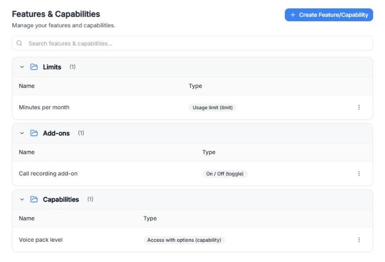Features & Capabilities page with the search bar, the Create Feature/Capability button and three features grouped in the Limits, Add-ons and Capabilities categories