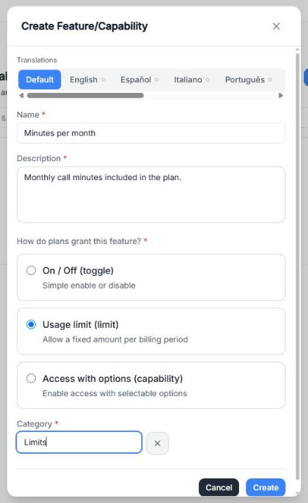 Create Feature/Capability window with the Translations tabs, the Name and Description fields, the three ways plans can grant the feature, a new category Limits and the Cancel and Create buttons