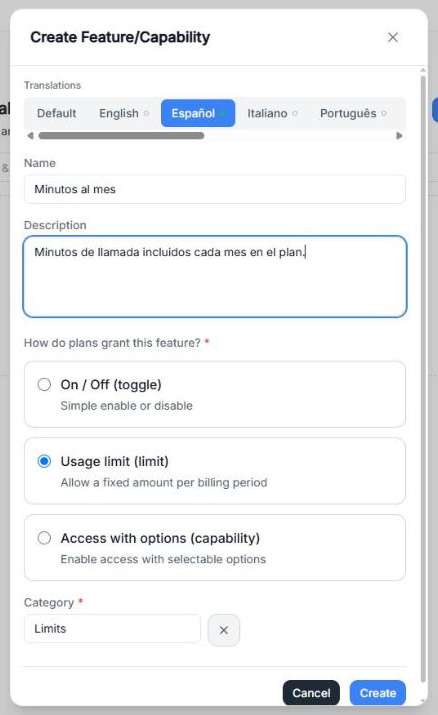 Create Feature/Capability window on the Español tab, with the name Minutos al mes and its Spanish description