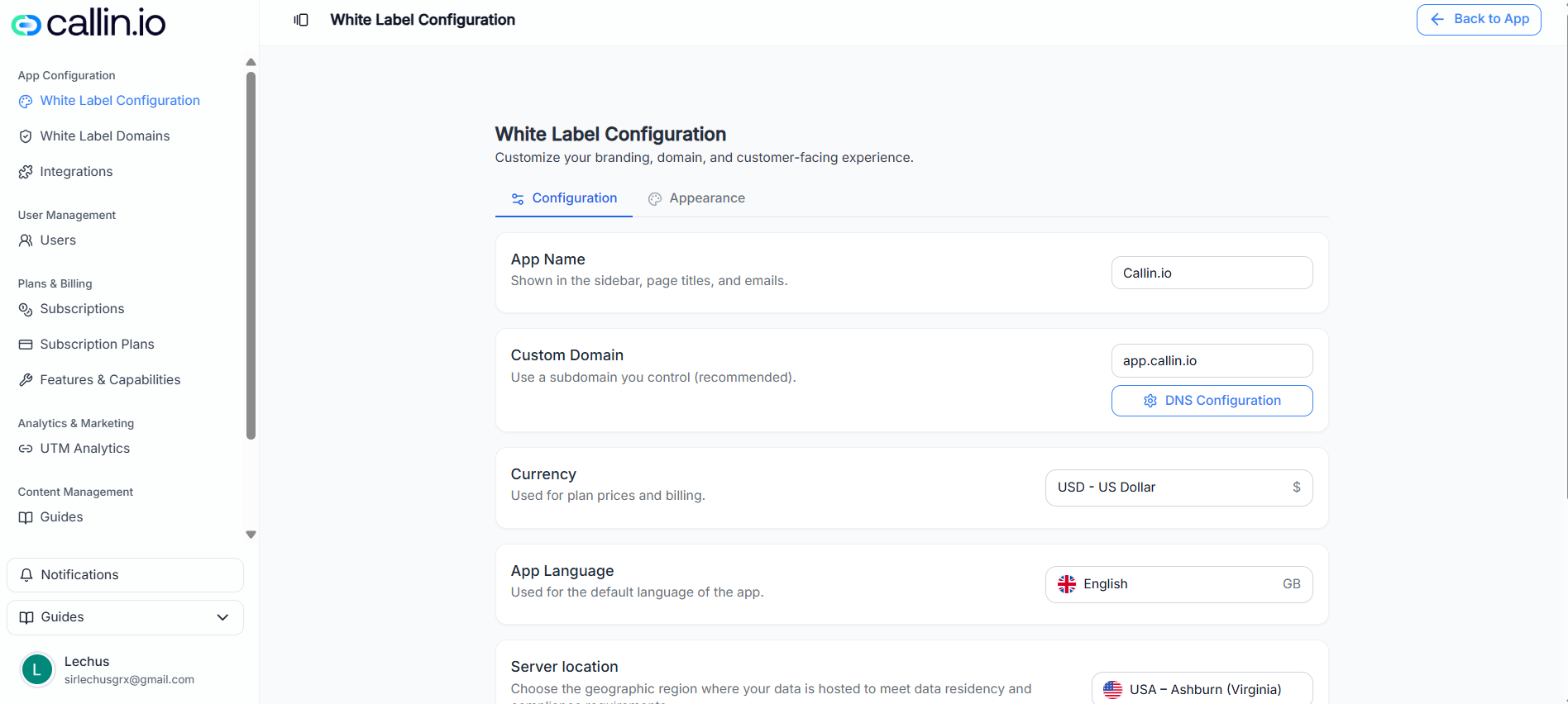 White Label Configuration page on the Configuration tab with fields such as App Name, Custom Domain (with a DNS Configuration button), Currency, App Language, and more.