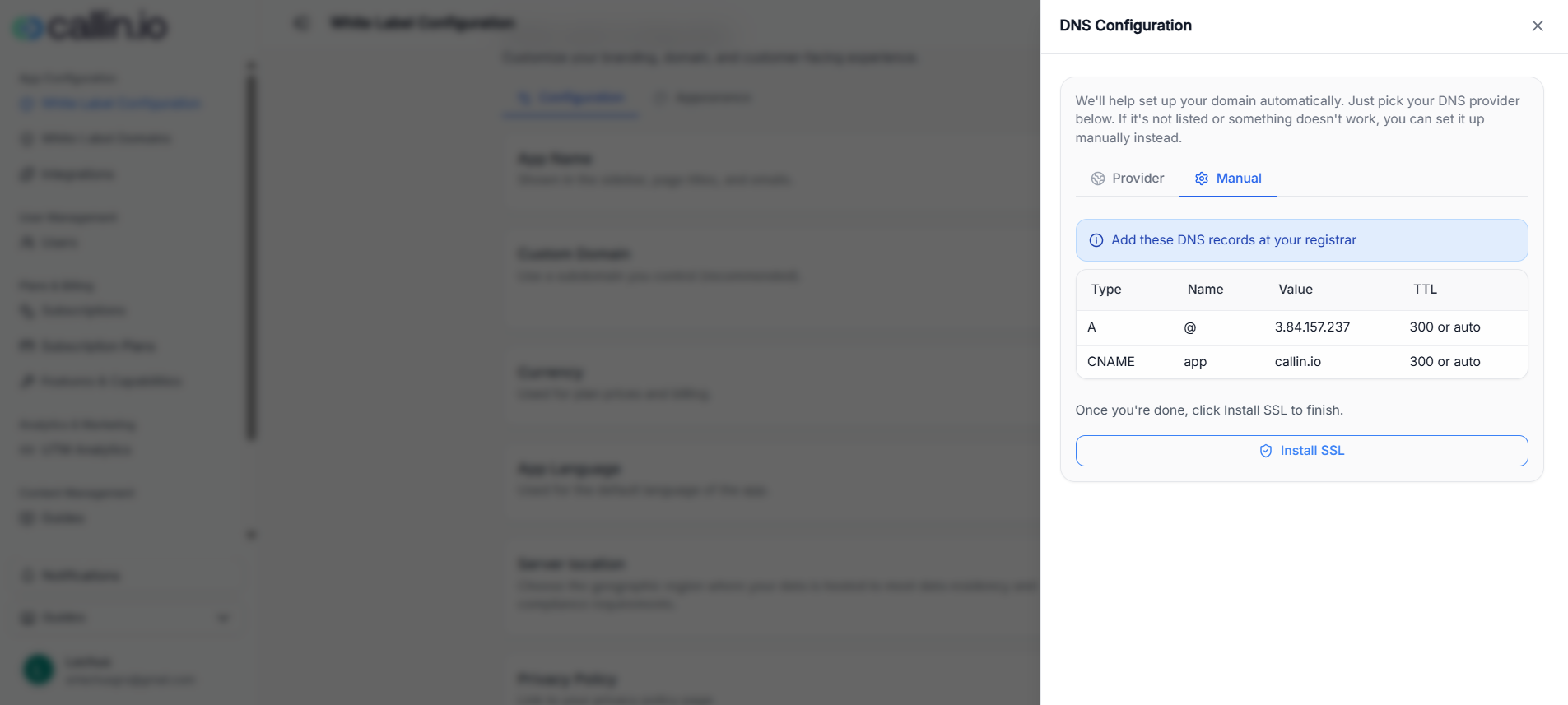 Fenêtre DNS Configuration sur l’onglet Manuel affichant un tableau d’enregistrements DNS (Type, Name, Value, TTL) et un bouton Install SSL.