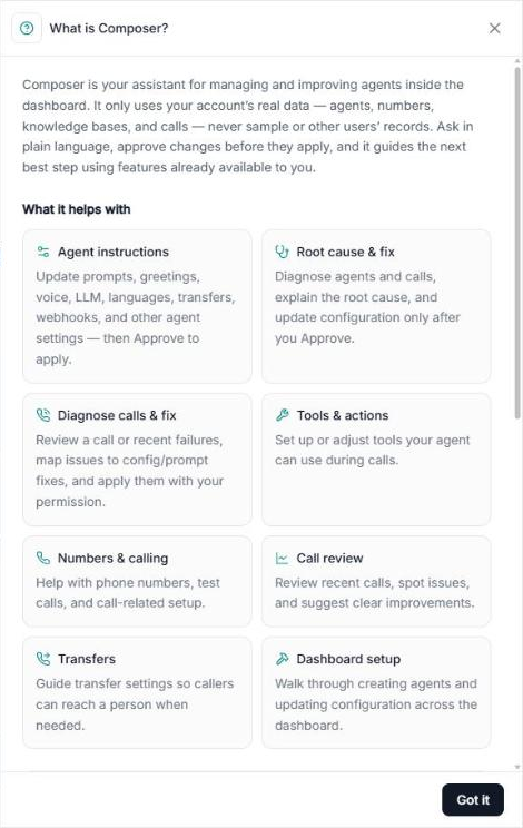What is Composer? panel with the description and the What it helps with cards: Agent instructions, Root cause & fix, Diagnose calls & fix, Tools & actions, Numbers & calling, Call review, Transfers and Dashboard setup