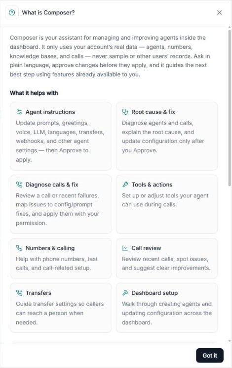 What is Composer? panel with the description and the What it helps with cards: Agent instructions, Root cause & fix, Diagnose calls & fix, Tools & actions, Numbers & calling, Call review, Transfers and Dashboard setup
