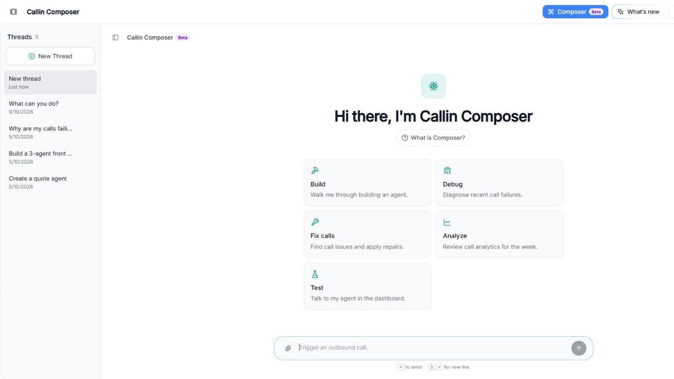 Callin Composer with the Threads list and New Thread on the left, the greeting, the What is Composer? button, the Build, Debug, Fix calls, Analyze and Test cards, and the message box
