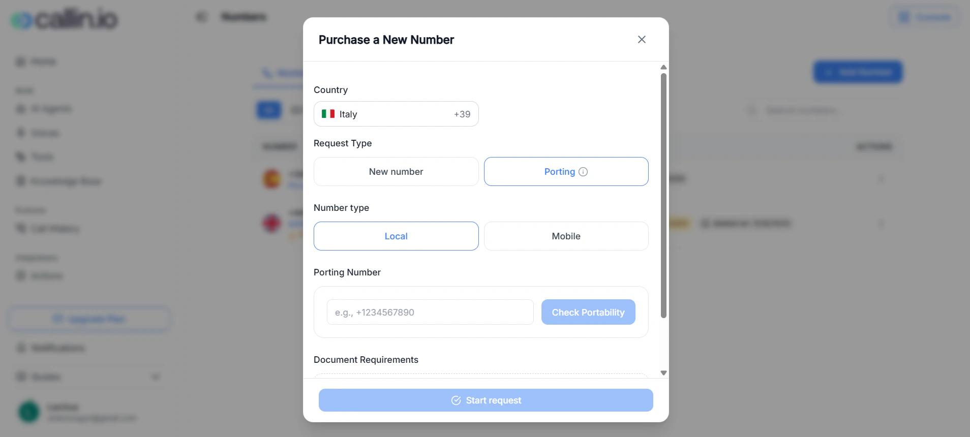 Porting flow in Numbers showing the portability check and availability result for an existing phone number