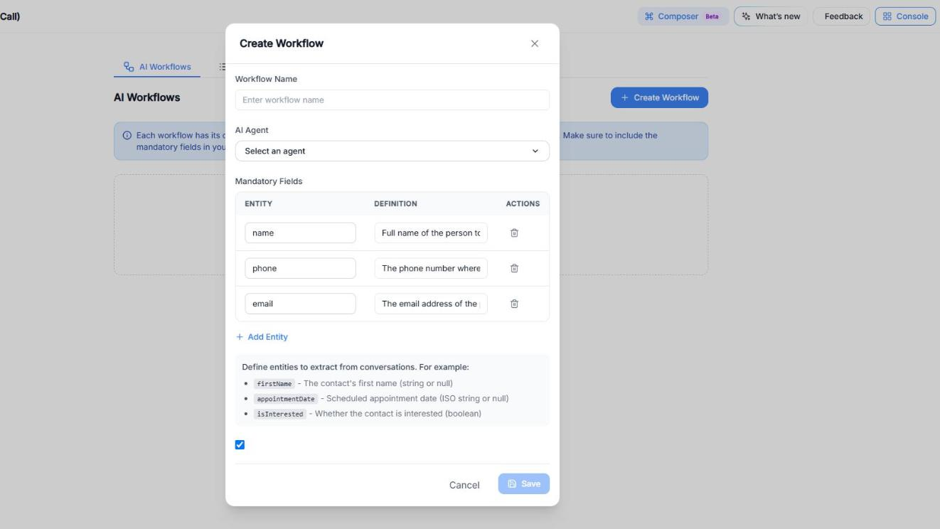 The Create Workflow window with Workflow Name, AI Agent, the Mandatory Fields table (name, phone, email) with their definitions, and the Add Entity button.